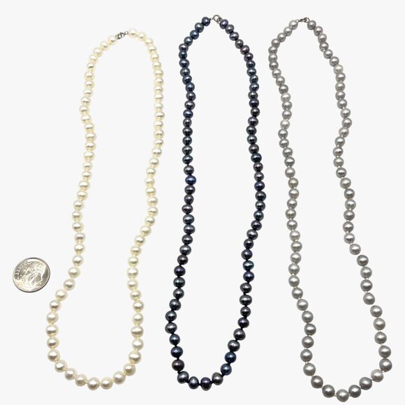 Freshwater Pearl Necklaces Lot Knotted Strands Gray Cream Peacock Sterling Clasp - Picture 6 of 9